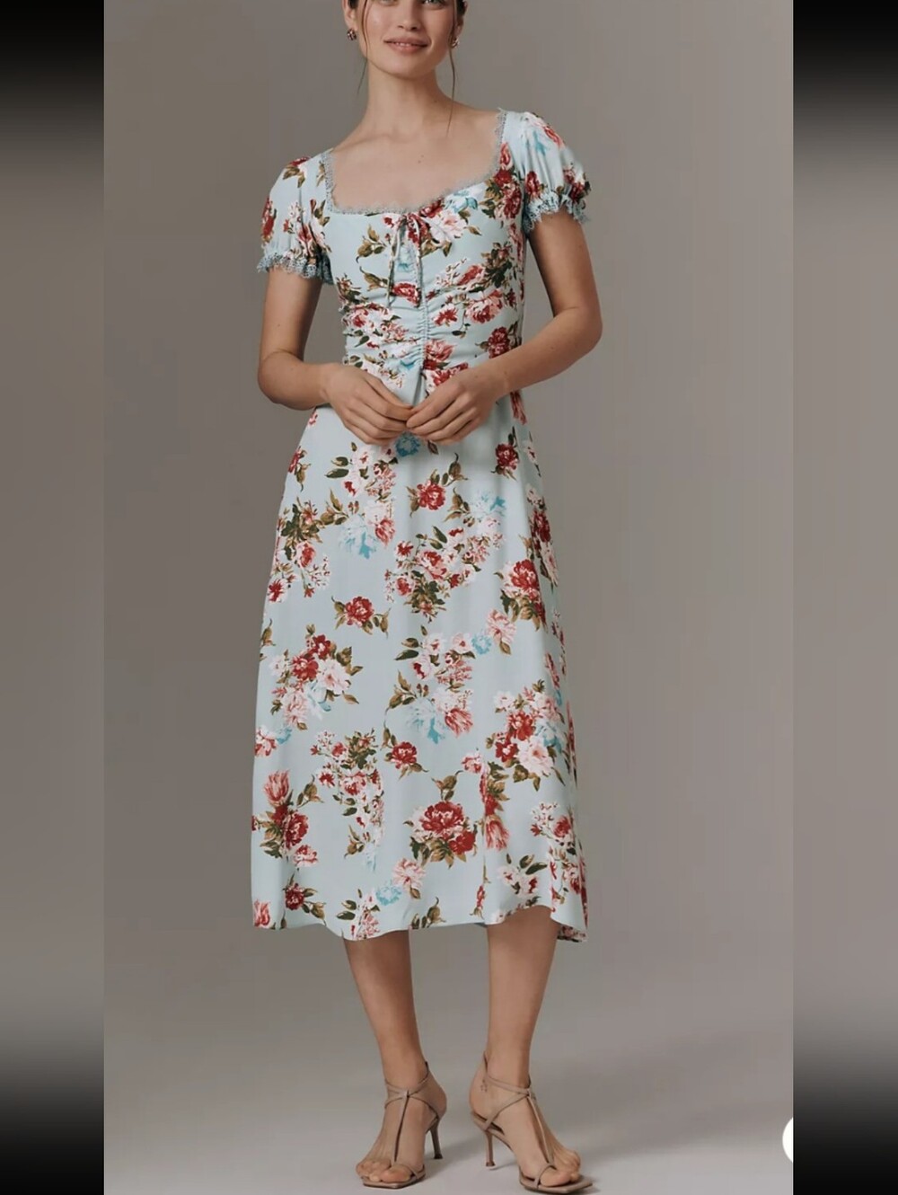 By Anthropologie Midi Dress in Light Blue Floral Lace Sweetheart Neckline XS